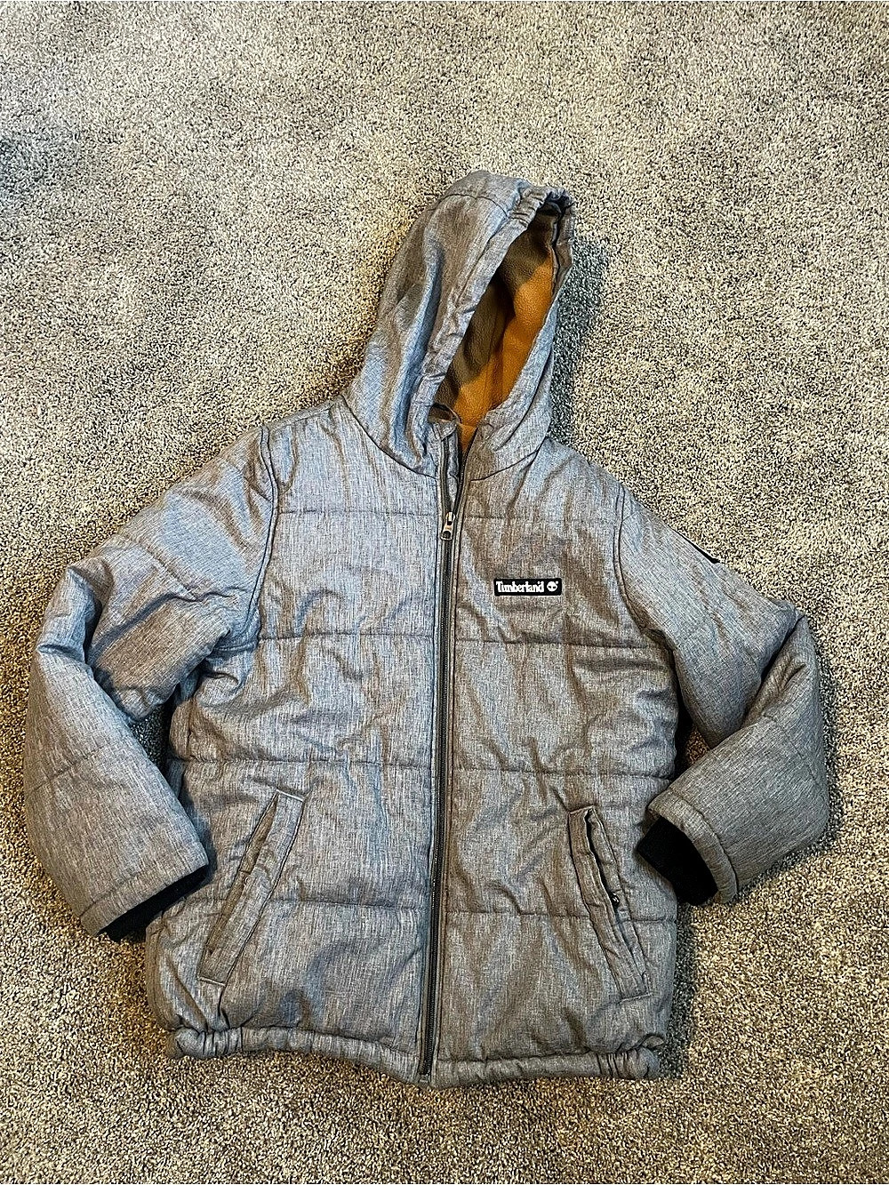 Timberland Heather Grey Puffer Boys Jacket with Faux Shearling Lining Large